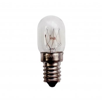 Glödlampa E14 med skruvfattning, 15W som är tillverkad av Janome frilagd mot vit bakgrund