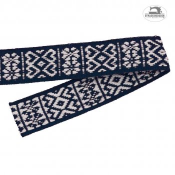 Ett mörkblått och vitt hemslöjdsband som är 20mm brett