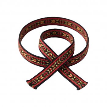 Vävt hemslöjdsband 15mm med svart botten och traditionellt allmogemönster i rött, gult och grönt.