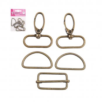 Kit med reglerspänne, karbinhakar och d-ringar för att sy ett axelband med bredd 32 mm.