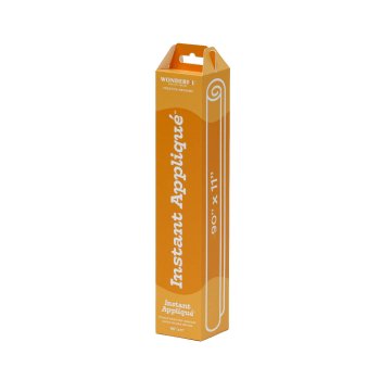 Produktförpackning för Instant Appliqué™ från WonderFil. En vertikal, rektangulär box i orange färg med vit text. Förpackningen