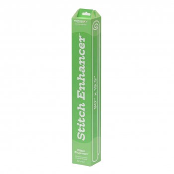 Produktförpackning för Stitch Enhancer™ från WonderFil. En långsmal, vertikal box i grön färg med vit text. Förpackningen identi