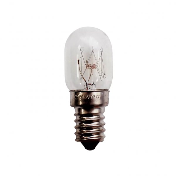 Glödlampa E14 med skruvfattning, 15W som är tillverkad av Janome frilagd mot vit bakgrund