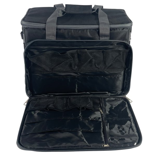 Öppningsbart sidofack med dragkedja på svart symaskinsväska