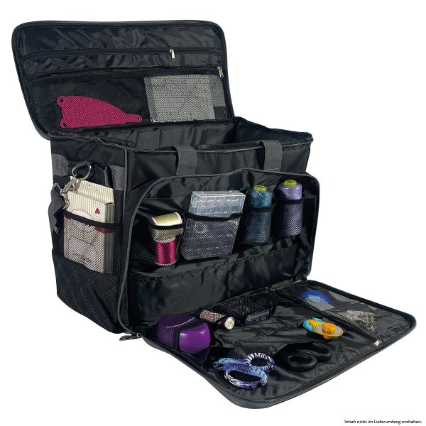 Massa praktiska förvaringfack på svart symaskinsväska