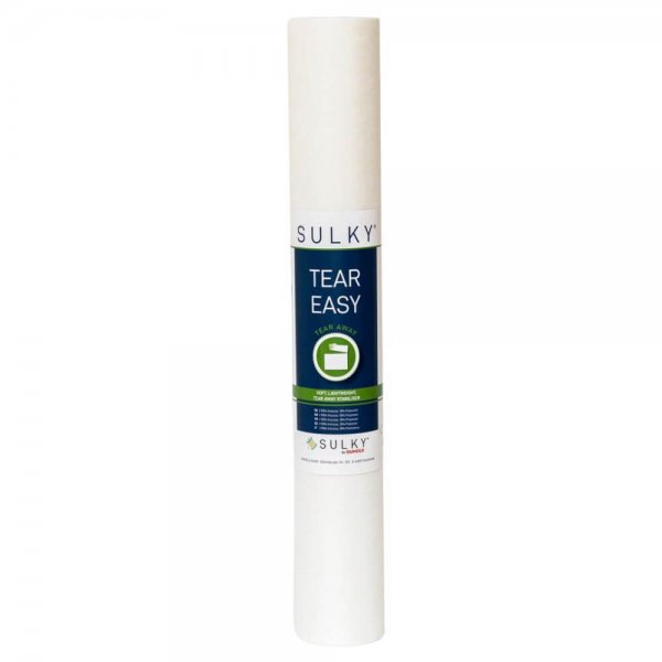 Bred rulle av vitt SULKY Tear Easy (50 cm), ett lätt rivbart mellanlägg för maskinbroderi på tunna till medelkraftiga tyger