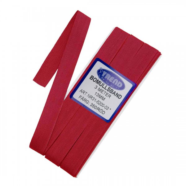Rött bomullsband med bredd 13mm i förpackning om 3 meter.