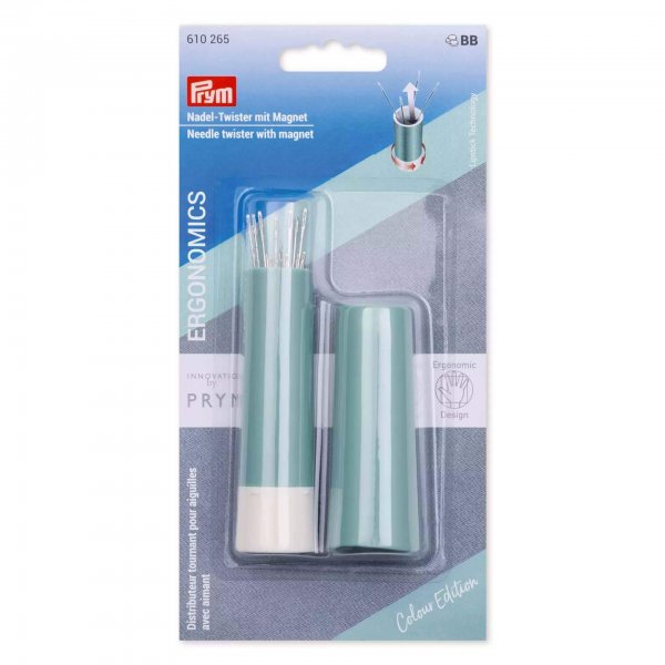 Butiksförpackning i blisterpack för Prym Needle Twister i färgen salvia, artikelnummer 610265. Förpackningen innehåller enheten