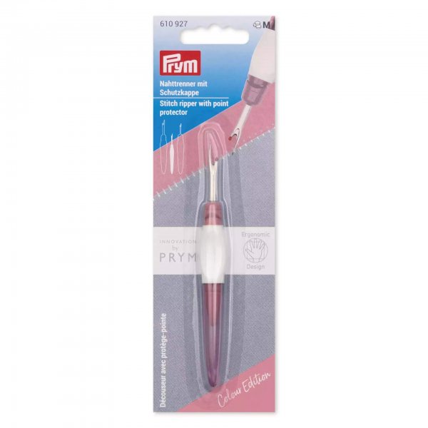 Prym ergonomics sprättkniv i färgen berry förpackad på ett hängbart informationskort. Förpackningen visar artikelnummer 610 927,