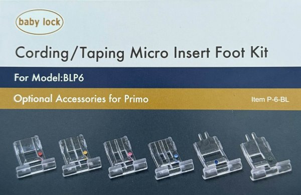 Kartong med pressarfötter för snoddar och band Baby Lock Primo