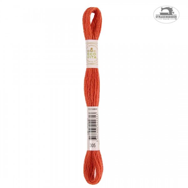 Växtfärgat ullgarn för broderi i en rödorange färg.