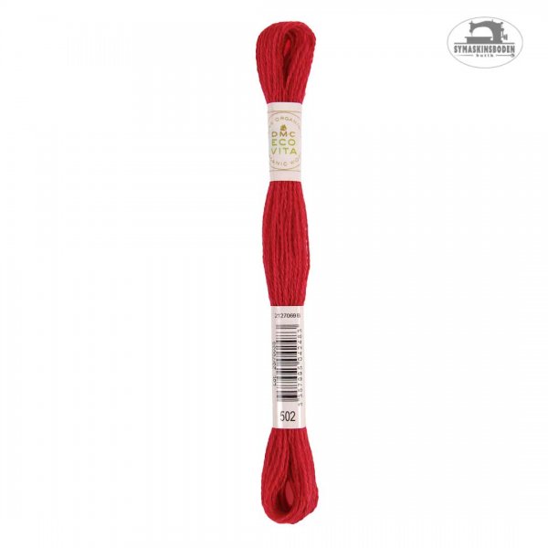 Växtfärgat ullgarn för broderi i en klarröd nyans.