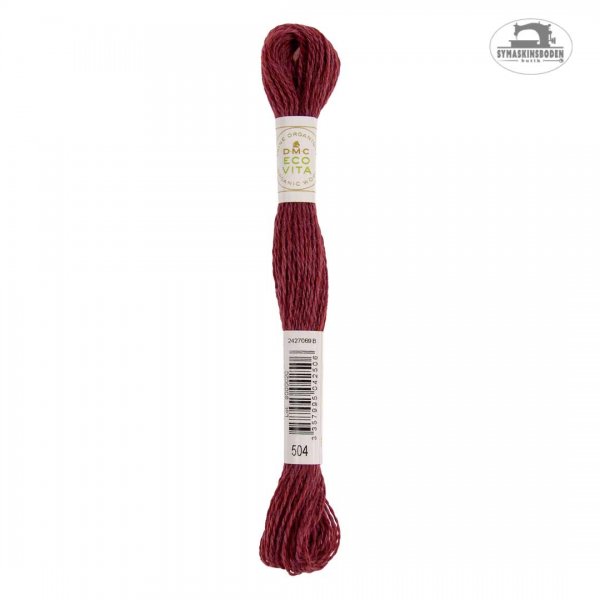 Växtfärgat ullgarn för broderi i en mörkröd nyans.