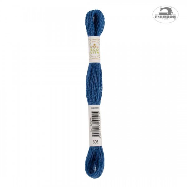 Växtfärgat broderigarn i ull med en blå färg.