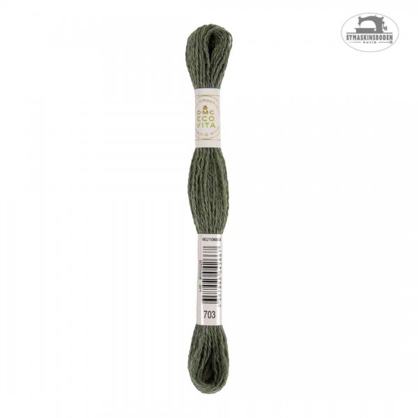 Ett växtfärgat brodergarn i ull i en mossgrön färg.