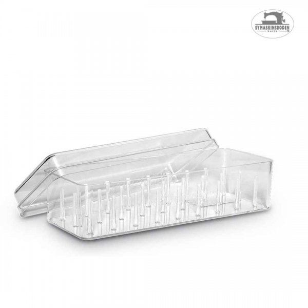 En genomskinlig låda i plast med lock att förvara tråd i