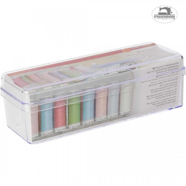 En tom genomskinlig låda att förvara trådrullar i