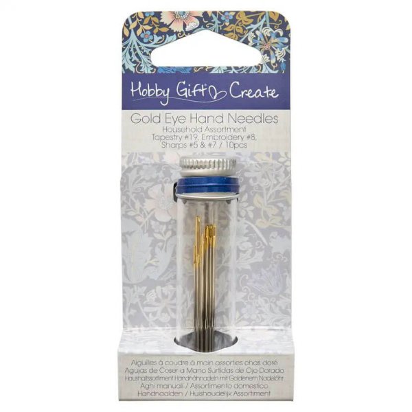 Butiksförpackning för Hobby Gift assorterade handnålar mot en vit bakgrund. En hängförpackning i kartong med mönstret William Mo