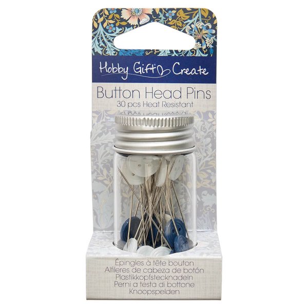 Produktförpackning för Hobby Gift Create Button Head Pins. Trettio stycken värmetåliga knappnålar förvaras i en transparent burk