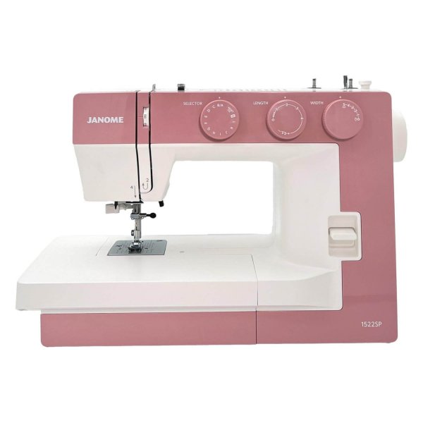 Mekanisk symaskin Janome 1522SP Smokey Pink fotograferad rakt framifrån, visar den rökrosafrontpanelen med de tre mekaniska vred