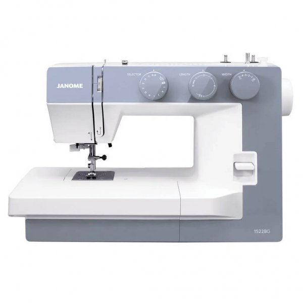 Mekanisk symaskin Janome 1522BG Blue Grey fotograferad rakt framifrån, visar den rökblå frontpanelen med de tre mekaniska vreden