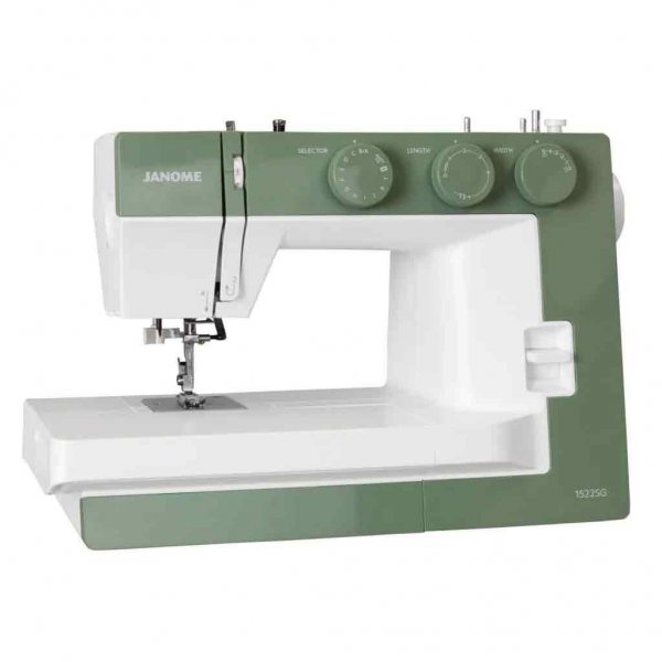 Mekanisk symaskin Janome 1522SG Smokey Green i vit plast med rökgrön frontpanel och bas, fotograferad i trekvartsvinkel framifrå