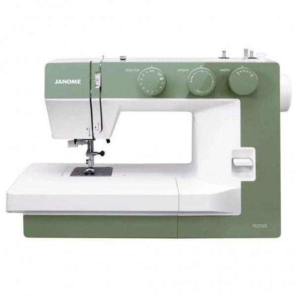 Mekanisk symaskin Janome 1522SG Smokey Green fotograferad rakt framifrån, visar den rökgröna frontpanelen med de tre mekaniska v