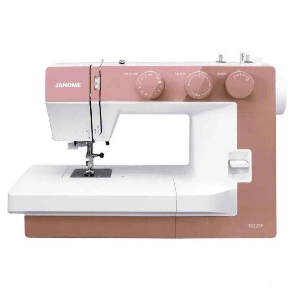 Mekanisk symaskin Janome 1522SP Smokey Pink fotograferad rakt framifrån, visar den rökrosafrontpanelen med de tre mekaniska vred