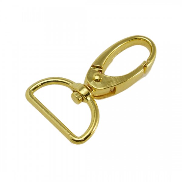 En guldfärgad karbinhake som har plats för 25mm breda band.