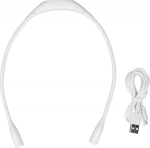 Den vita nacklampan i rak vy till vänster, och en medföljande vit USB-laddningskabel (USB-A till USB-C) upprullad till höger, mo