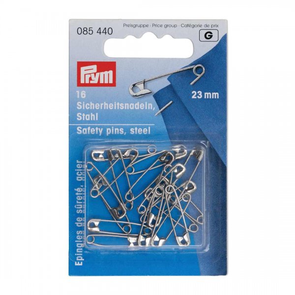 En ask med 23mm långa säkerhetsnålar i silverfärg.