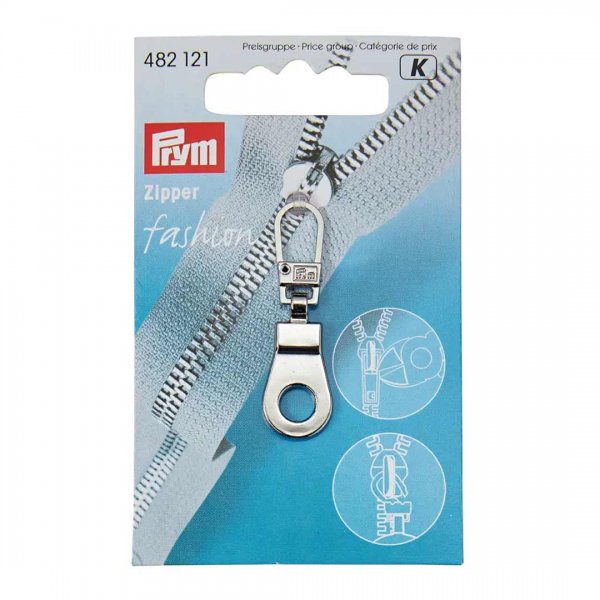 En silverfärgad hängare till blixtlås.