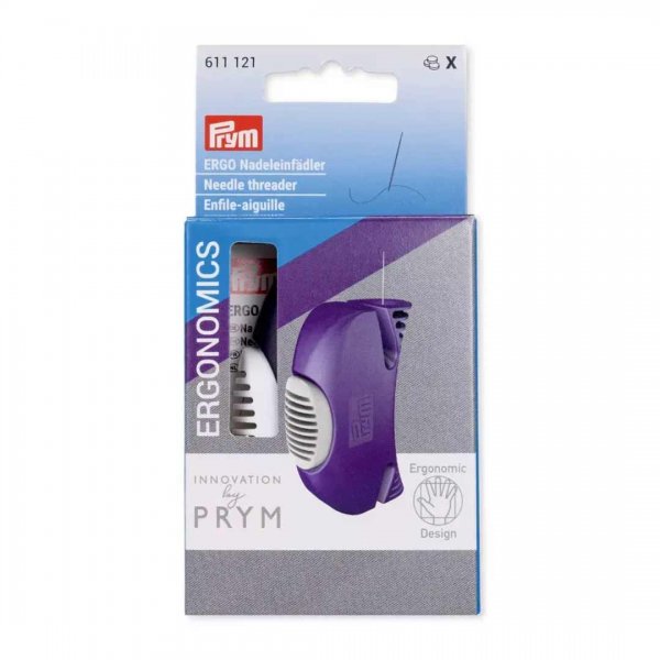 Kartong innehållande lila ergonomisk nålträdare från Prym.