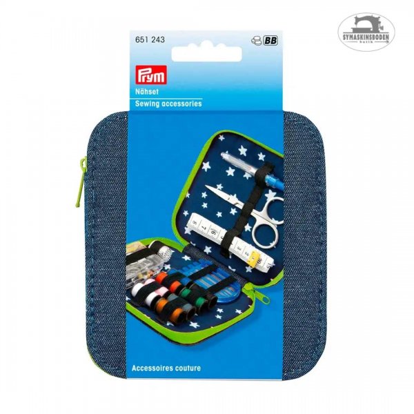 Ett resekit i jeanstyg och med grön dragkedja från prym