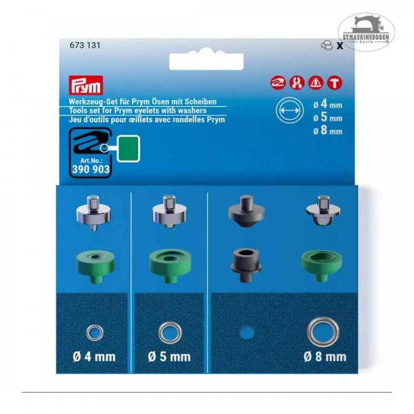 Verktyg att använda tillsammans med prym vario tång eller creative tool för att fästa öljetter med storlek 4, 5 och 8 mm.
