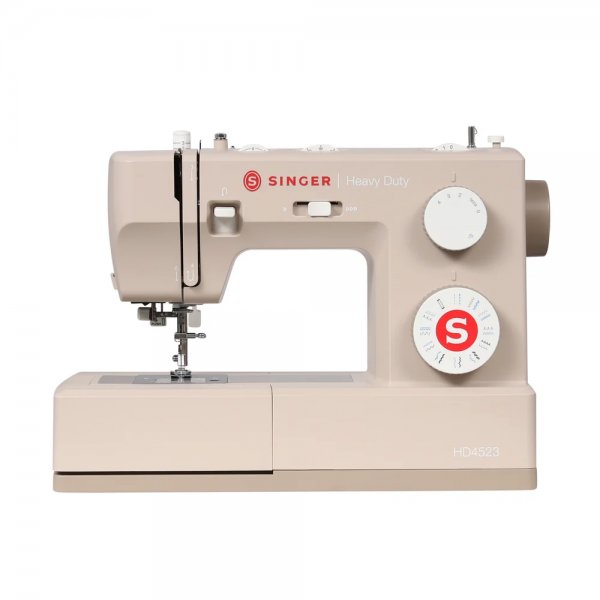 Singer Heavy Duty 4523 symaskin i beige, vy framifrån med vred för sömval och stygnlängd.