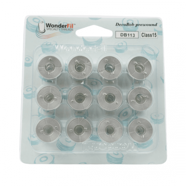 12 förspolade spolar med ljusgrå Wonderfil Deco Bob tråd