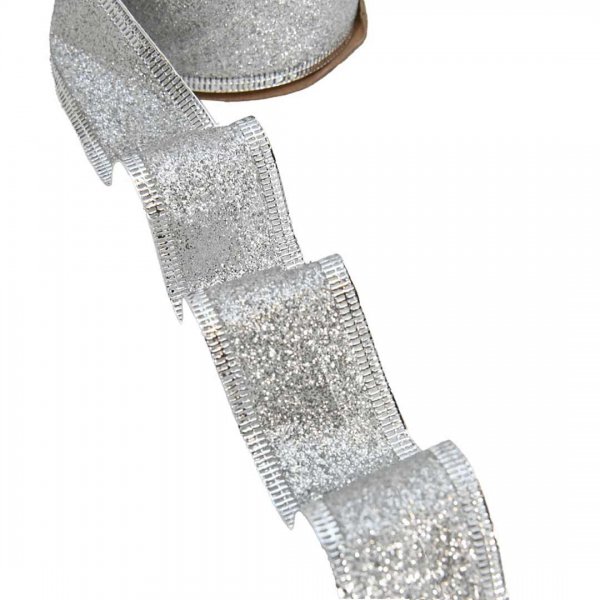 Silvrigt band med glitter och stålkant i bredd 25 mm