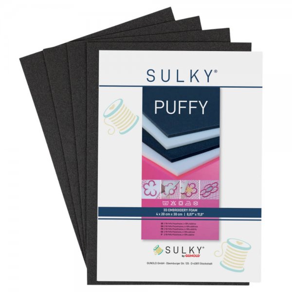 Fyra svarta ark av SULKY Puffy Soft (3 mm), ett mjukt skumgummi-mellanlägg för 3D-broderi och tredimensionella effekter