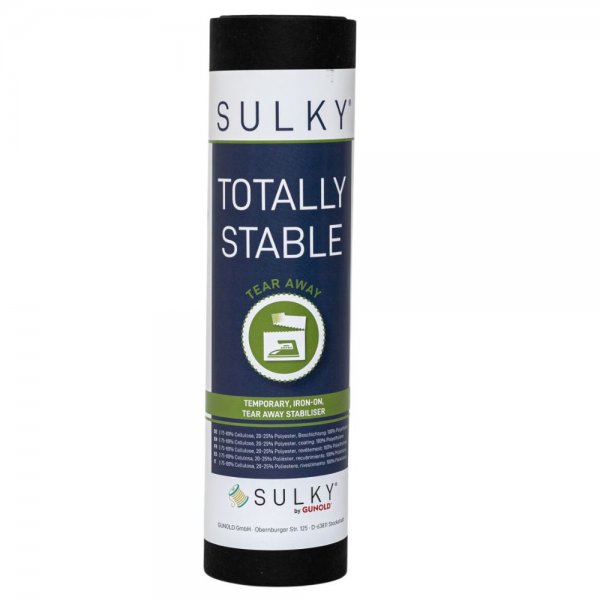 Svart rulle av SULKY Totally Stable, ett påstrykbart och rivbart mellanlägg för stabilisering av stretchiga tyger vid broderi