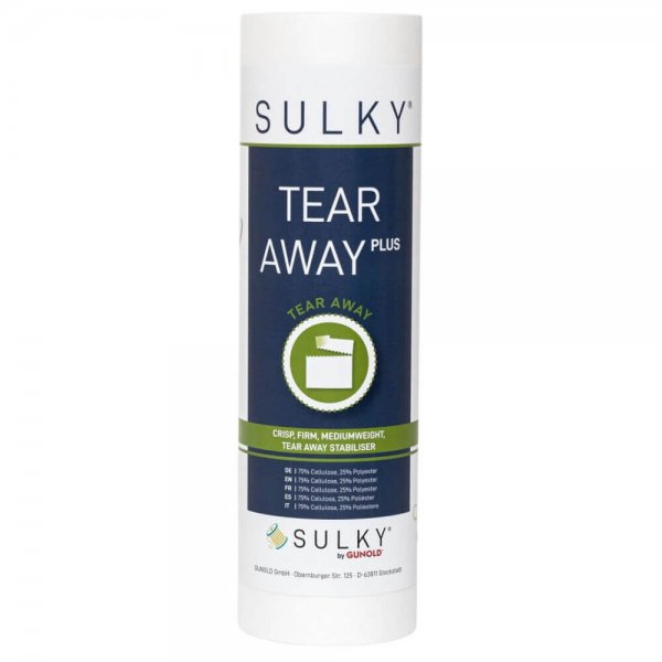 Vit rulle av SULKY Tear Away Plus, ett kraftigt rivbart mellanlägg som ger extra stabilitet vid maskinbroderi och dekorationssöm