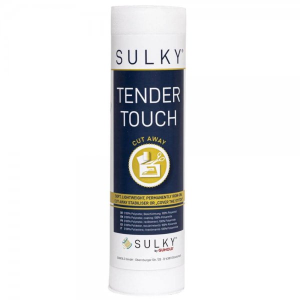 Vit rulle av SULKY Tender Touch, ett mjukt påstrykbart mellanlägg i trikå-mesh för att skydda huden mot skavande broderibaksidor
