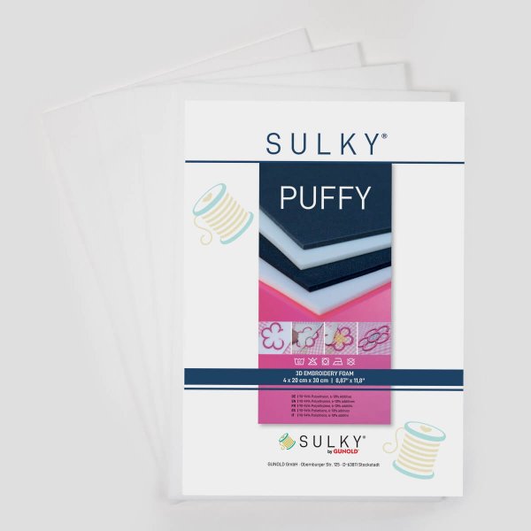 Fyra vita ark av SULKY Puffy Soft (3 mm), ett mjukt skumgummi-mellanlägg för 3D-broderi och tredimensionella effekter