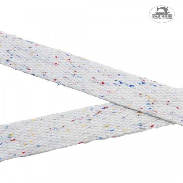 Snyggt vitt väskband med färgstänk i olika färger.