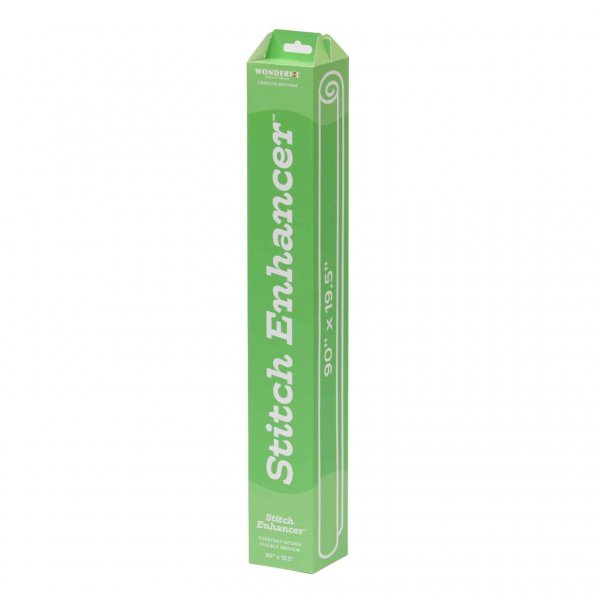 Produktförpackning för Stitch Enhancer™ från WonderFil. En långsmal, vertikal box i grön färg med vit text. Förpackningen identi