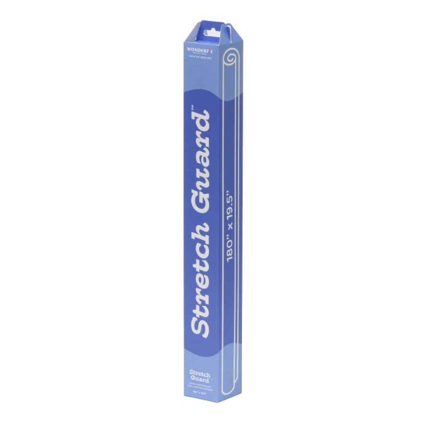Produktförpackning för Stretch Guard från WonderFil. En långsmal, vertikal box i blå färg med vit text. Texten identifierar prod