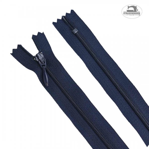 Ett mörkblått blixtlås till klänningar och kjolar i längd 60 cm.
