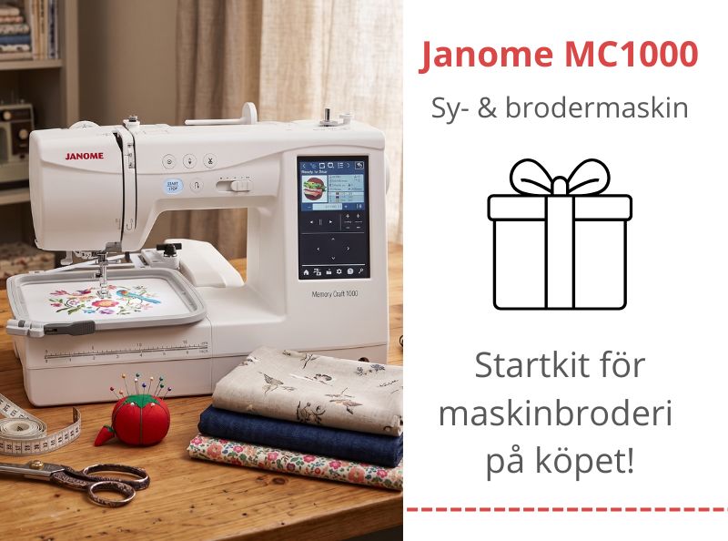 Just nu får du ett startkit för maskinbroderi med tråd, mellanlägg, nålar m.m. på köpet när du köper en Janome Memory Craft 1000!